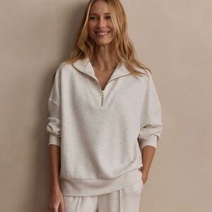 Varley DoubleSoft Zip-Up Sweatshirt in Heather Oatmeal with Gold Zipper